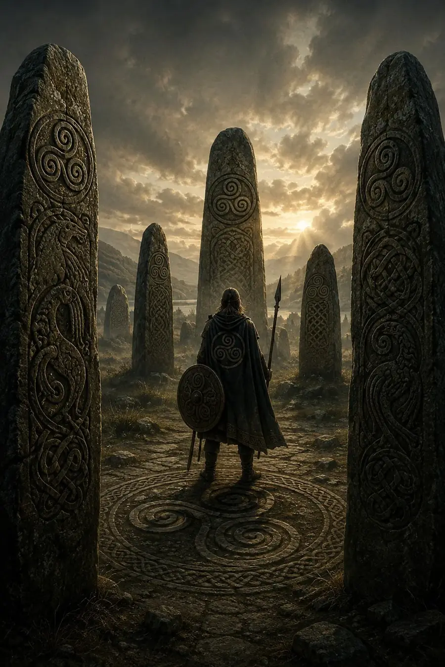 Pictish warrior among carved standing stones