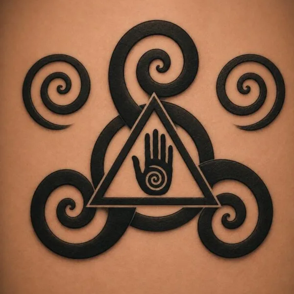 Pictish inspired triple spiral and hand symbol