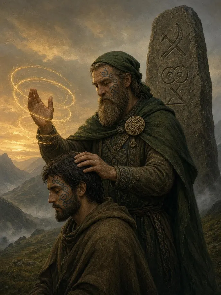 Pictish healer beside a carved symbol stone, his left hand resting on a seated man's head while gold spiral light circles his raised right hand